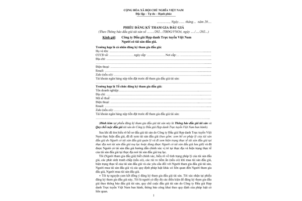 Phiếu đăng ký tham gia đấu giá